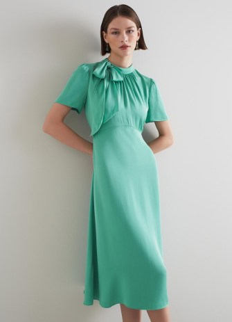L.K. BENNETT Kline Jade Crepe Tie-Neck Midi Dress ~ green retro inspired dresses ~ womens vintage style clothes ~ women’s occasion clothing for spring 2023 ~ wedding guest outfits - flipped