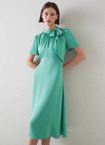 L.K. BENNETT Kline Jade Crepe Tie-Neck Midi Dress ~ green retro inspired dresses ~ womens vintage style clothes ~ women’s occasion clothing for spring 2023 ~ wedding guest outfits