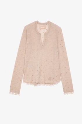 zadig and voltaire Riviera Cashmere Pullover in Blush | women’s luxury fringed pullovers | womens luxe lightweight knitted tops | light pink rhinestone studded jumpers - flipped