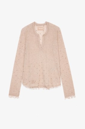 zadig and voltaire Riviera Cashmere Pullover in Blush | women’s luxury fringed pullovers | womens luxe lightweight knitted tops | light pink rhinestone studded jumpers