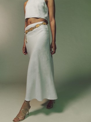 Reformation Layla Linen Skirt in White / women’s midi skirts / women’s sustainable fashion - flipped