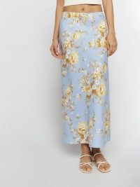 Reformation Layla Linen Skirt in Heavenly / light blue floral midi skirts
