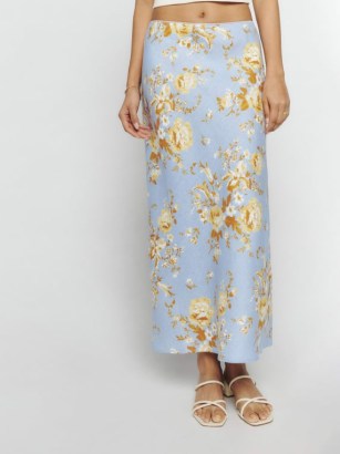 Reformation Layla Linen Skirt in Heavenly / light blue floral midi skirts