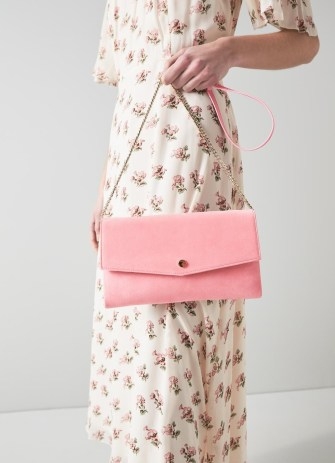 L.K. BENNETT Layla Pink Coral Suede Envelope Clutch ~ luxe occasion bags ~ luxury evening handbags - flipped