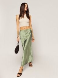 Reformation Layla Silk Skirt in Artichoke / silky green skirts / women’s luxury fashion / womens luxe clothing