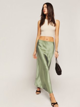 Reformation Layla Silk Skirt in Artichoke / silky green skirts / women’s luxury fashion / womens luxe clothing - flipped