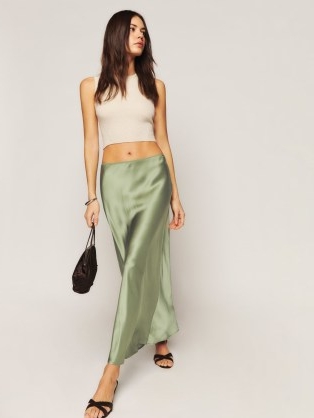 Reformation Layla Silk Skirt in Artichoke / silky green skirts / women’s luxury fashion / womens luxe clothing