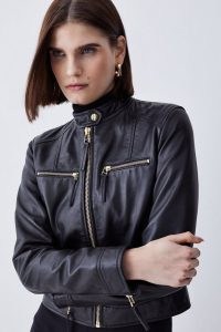 KAREN MILLEN Leather Clean Collarless Biker Jacket in Black ~ women’s luxury clothing ~ luxe zip detail jackets