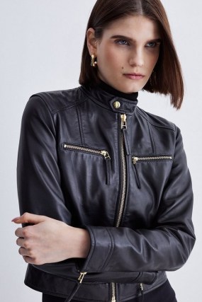 KAREN MILLEN Leather Clean Collarless Biker Jacket in Black ~ women’s luxury clothing ~ luxe zip detail jackets - flipped