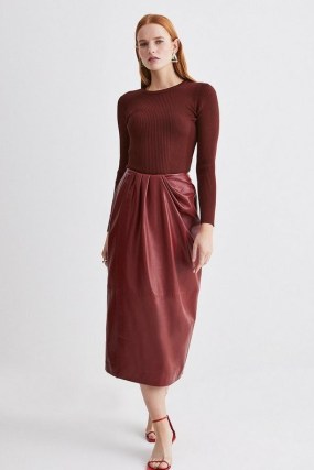 Karen Millen Leather Drape Detail Pencil Midi Skirt in Dark Red | responsibly sourced women’s clothing | womens luxury skirts - flipped