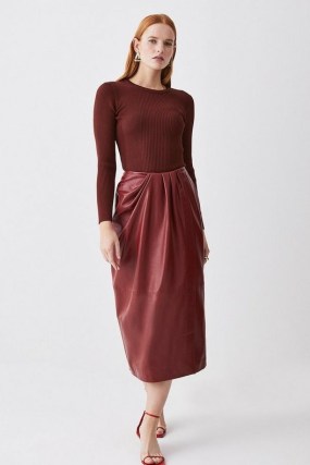 Karen Millen Leather Drape Detail Pencil Midi Skirt in Dark Red | responsibly sourced women’s clothing | womens luxury skirts