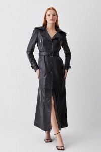 Karen Millen Leather Longline Belted Maxi Trench | women’s longline bike style coats | womens luxury outerwear