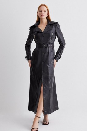 Karen Millen Leather Longline Belted Maxi Trench | women’s longline bike style coats | womens luxury outerwear - flipped