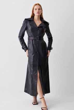 Karen Millen Leather Longline Belted Maxi Trench | women’s longline bike style coats | womens luxury outerwear