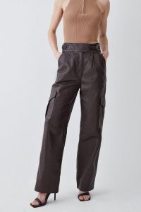 KAREN MILLEN Leather Pocket Detail Cargo Trouser in Chocolate ~ women’s dark brown luxury trousers ~ luxe side pocket detail pants ~ women’s evening occasion clothes