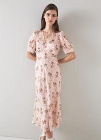 L.K. Bennett Leith Pink Wildflower Potpourri Silk Metallic Stripe Dress | silky floral print short sleeve midi dresses | womens retro look occasion clothes | floaty vintage style spring / summer event fashion | women’s luxury clothing | fitted empire waist