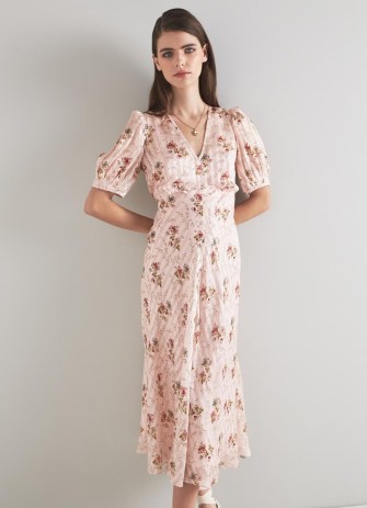 L.K. Bennett Leith Pink Wildflower Potpourri Silk Metallic Stripe Dress | silky floral print short sleeve midi dresses | womens retro look occasion clothes | floaty vintage style spring / summer event fashion | women’s luxury clothing | fitted empire waist - flipped