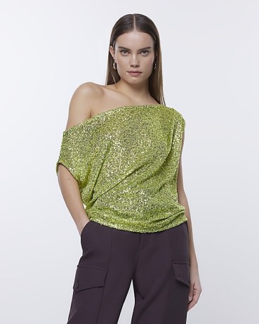 RIVER ISLAND LIME OFF SHOULDER SEQUIN BLOUSE ~ green sequinned tops ~ women’s asymmetric neckline evening fashion ~ citrus coloured party clothes - flipped