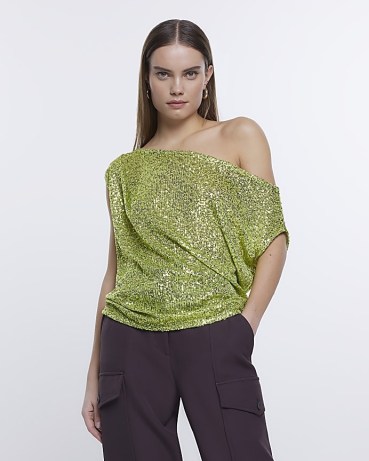 RIVER ISLAND LIME OFF SHOULDER SEQUIN BLOUSE ~ green sequinned tops ~ women’s asymmetric neckline evening fashion ~ citrus coloured party clothes