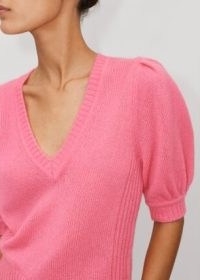 ME and EM Lofty Wool Cashmere Silk Pouf Sleeve Tee in Bright Pink ~ women’s puff sleeved sweater ~ womens luxe jumpers ~ V-neck jumper with short puffed sleeves