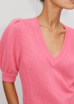 ME and EM Lofty Wool Cashmere Silk Pouf Sleeve Tee in Bright Pink ~ women’s puff sleeved sweater ~ womens luxe jumpers ~ V-neck jumper with short puffed sleeves - flipped
