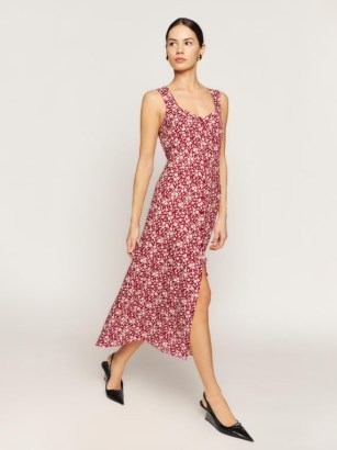 Reformation Londyn Dress in Flower Girl – red floral sleeveless slim fitting midi dresses – sweetheart neckline - flipped