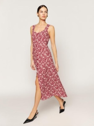 Reformation Londyn Dress in Flower Girl – red floral sleeveless slim fitting midi dresses – sweetheart neckline