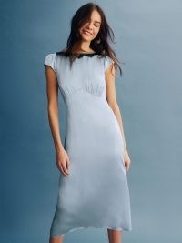 Reformation Lucas Silk Dress in Mineral / silky light blue cap sleeve midi dresses