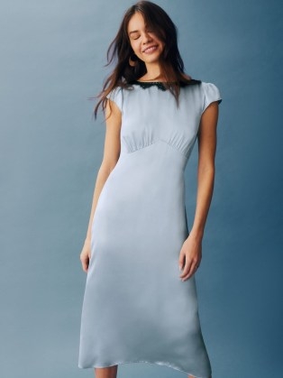 Reformation Lucas Silk Dress in Mineral / silky light blue cap sleeve midi dresses - flipped
