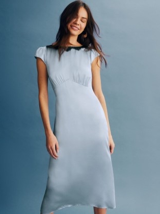 Reformation Lucas Silk Dress in Mineral / silky light blue cap sleeve midi dresses