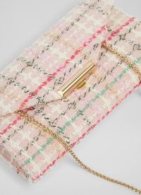 L.K. BENNETT Lucy Pink Tweed Clutch Bag / textured checked crossbody bags / small gold chain strap handbags
