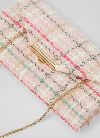 L.K. BENNETT Lucy Pink Tweed Clutch Bag / textured checked crossbody bags / small gold chain strap handbags - flipped