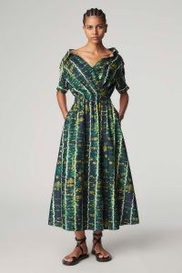 ALTUZARRA LYDIA DRESS in Gekko – women’s cotton poplin midi dresses – womens luxury clothes – printed fashion – open collared neckline