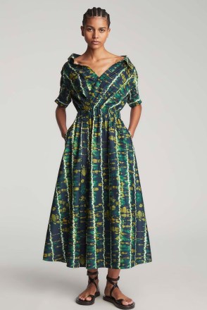 ALTUZARRA LYDIA DRESS in Gekko – women’s cotton poplin midi dresses – womens luxury clothes – printed fashion – open collared neckline - flipped