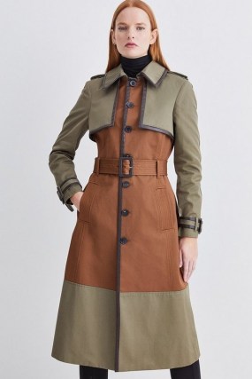Lydia Millen Cotton Colourblock Trench Coat ~ khaki colour block belted coats ~ women’s luxury outerwear - flipped