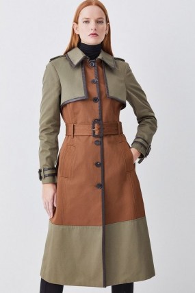 Lydia Millen Cotton Colourblock Trench Coat ~ khaki colour block belted coats ~ women’s luxury outerwear
