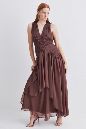 Lydia Millen Crinkle Satin Chiffon Woven Maxi Dress in Chocolate ~ women’s sleeveless dark brown layered occasion dresses ~ women’s feminine occasion clothes ~ romantic evening clothing - flipped