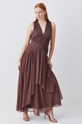 Lydia Millen Crinkle Satin Chiffon Woven Maxi Dress in Chocolate ~ women’s sleeveless dark brown layered occasion dresses ~ women’s feminine occasion clothes ~ romantic evening clothing