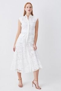 Lydia Millen Lace Military Mix Woven Midi Dress in White ~ floral cap sleeve collared dresses ~ women’s luxury clothing ~ feminine semi sheer overlay fashion ~ womens luxe clothes