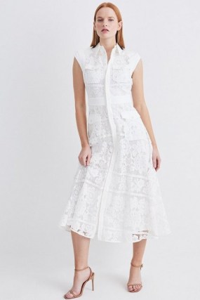 Lydia Millen Lace Military Mix Woven Midi Dress in White ~ floral cap sleeve collared dresses ~ women’s luxury clothing ~ feminine semi sheer overlay fashion ~ womens luxe clothes - flipped