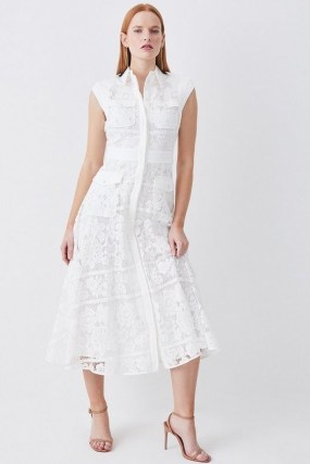 Lydia Millen Lace Military Mix Woven Midi Dress in White ~ floral cap sleeve collared dresses ~ women’s luxury clothing ~ feminine semi sheer overlay fashion ~ womens luxe clothes