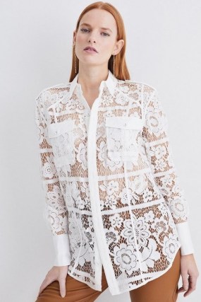 Lydia Millen Lace Military Mix Woven Shirt in White ~ women’s semi sheer floral shirts ~ womens luxe clothing ~ feminine clothes - flipped