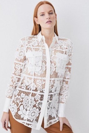 Lydia Millen Lace Military Mix Woven Shirt in White ~ women’s semi sheer floral shirts ~ womens luxe clothing ~ feminine clothes