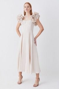 Lydia Millen Taffeta Ruffle Woven Maxi Dress in Ivory ~ ruffled shoulder fit and flare dresses ~ women’s luxury occasionwear ~ womens luxe occasion clothes ~ feminine evening fashion ~ romantic party clothing