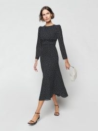 Reformation Lysander Dress in Selene – long sleeved puff shoulder spot print dresses – vintage style polka dot fit and flare frock