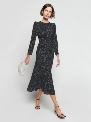 Reformation Lysander Dress in Selene – long sleeved puff shoulder spot print dresses – vintage style polka dot fit and flare frock - flipped