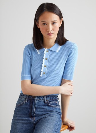 L.K. BENNETT Maeve Blue And Cream Scallop Knit Top – short sleeve scalloped collared tops – women’s clothes - flipped