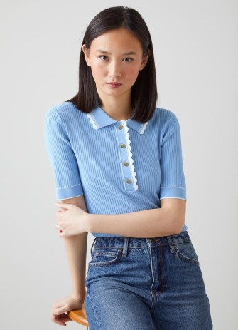 L.K. BENNETT Maeve Blue And Cream Scallop Knit Top – short sleeve scalloped collared tops – women’s clothes