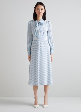 L.K. BENNETT Marcellin Blue and Cream Stripe Silk Dress / women’s luxury retro look dresses / pussy bow neck tie / womens vintage style clothes - flipped