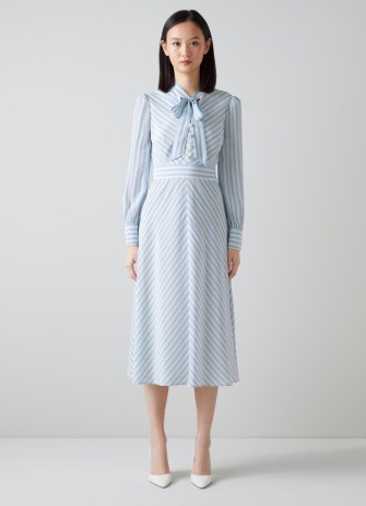 L.K. BENNETT Marcellin Blue and Cream Stripe Silk Dress / women’s luxury retro look dresses / pussy bow neck tie / womens vintage style clothes